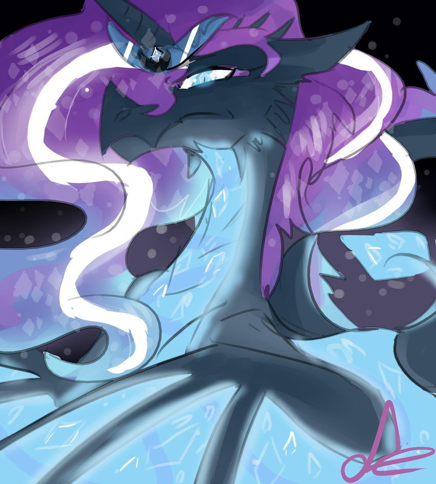 black_scales blue_eyes corruption dragon dragonification female friendship_is_magic hair horn luciarayadra my_little_pony nightmare_rarity_(mlp) rarity_(mlp) reptile scalie transformation two_tone_hair wings