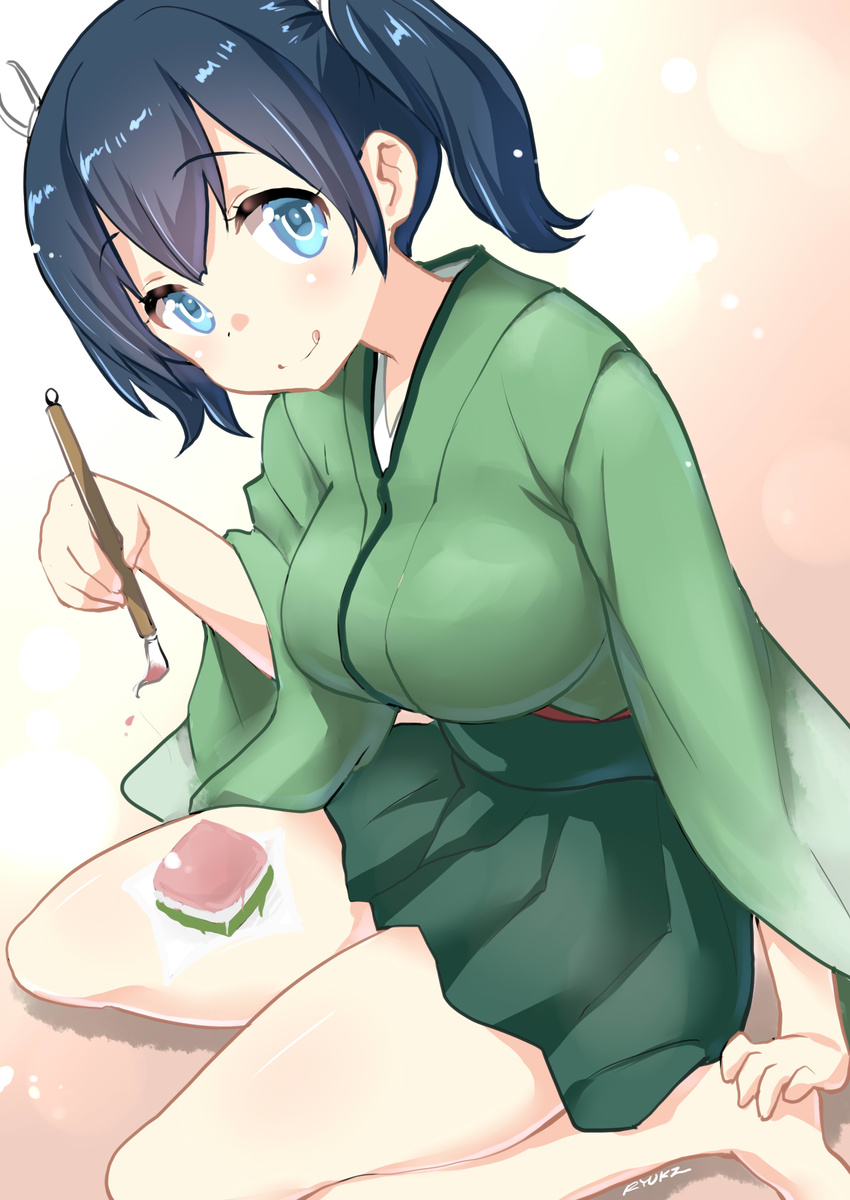 :q absurdres barefoot black_hair blue_eyes breasts calligraphy_brush commentary_request hair_ribbon hakama highres hinamatsuri hishimochi holding japanese_clothes kantai_collection large_breasts looking_at_viewer paintbrush painting pleated_skirt ribbon ryuki_(ryukisukune) sitting skirt smile solo souryuu_(kantai_collection) tongue tongue_out twintails