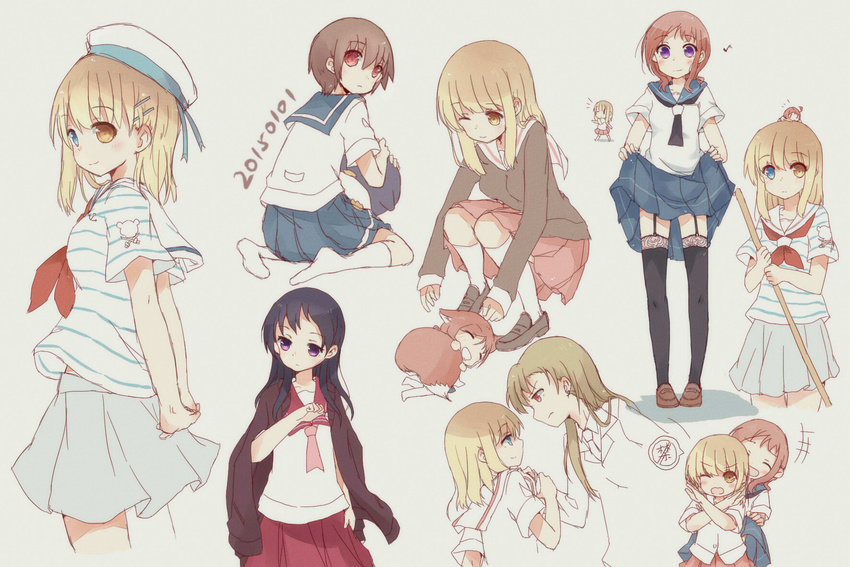 animal_ears arms_behind_back beige_background beret blonde_hair blue_eyes blue_skirt blush brown_hair casual couple fox fox_ears fud fukuji_mihoko garter_straps hat heterochromia highres kazekoshi_school_uniform kemonomimi_mode kiyosumi_school_uniform kubo_takako miyanaga_saki multiple_girls neckerchief one_eye_closed open_mouth red_eyes red_hair red_skirt sailor_collar saki school_uniform serafuku shirt short_hair short_sleeves simple_background skirt skirt_hold skirt_lift smile tail takei_hisa thighhighs tsujigaito_satoha white_shirt winter_uniform yuri