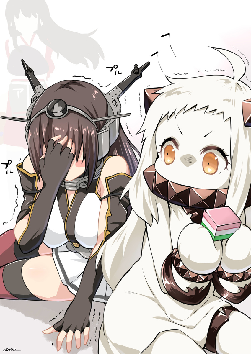 absurdres ahoge akagi_(kantai_collection) black_gloves black_hair blush_stickers breasts brown_hair check_commentary commentary_request covered_mouth covering_face dress fingerless_gloves gloves hakama headgear highres hinamatsuri hishimochi horns japanese_clothes kantai_collection large_breasts long_hair miniskirt mittens multiple_girls muneate nagato_(kantai_collection) northern_ocean_hime orange_eyes revision ryuki_(ryukisukune) shinkaisei-kan sitting skirt thighhighs trembling white_dress white_hair white_skin zettai_ryouiki