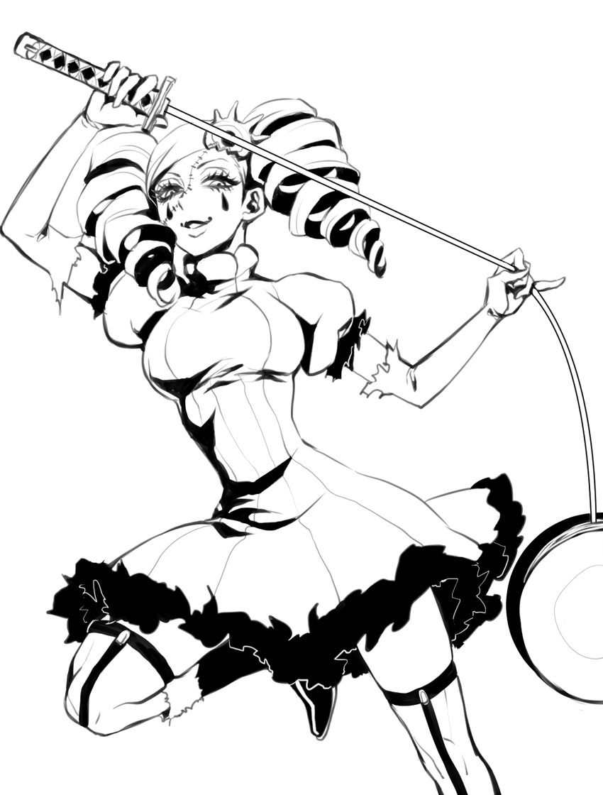 1girl ai_(ai1470) arrancar bleach cirucci_sanderwicci dress drill_hair elbow_gloves facial_mark gloves greyscale looking_at_viewer monochrome smile solo stitches thighhighs twintails weapon whip