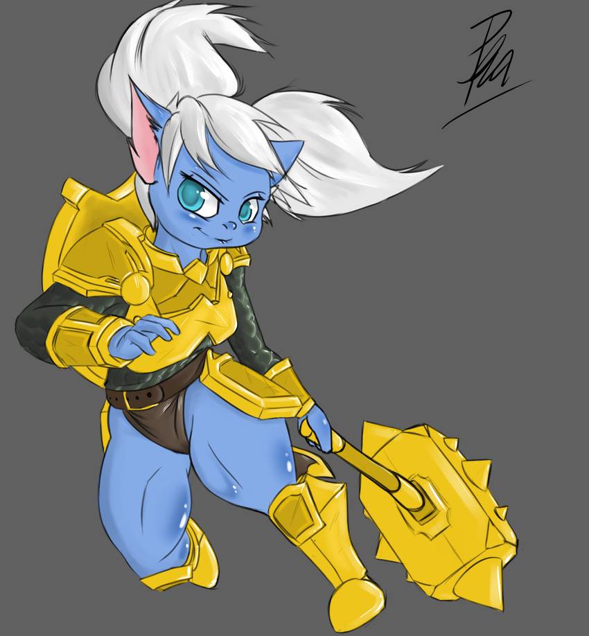 armored dinamic_pose female hair hammer invalid_color league_of_legends plaga poppy strong_legs tools video_games white_hair yordle