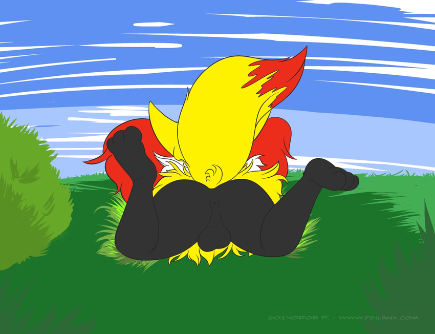 2014 3_toes anthro anus back balls barefoot braixen butt canine cloud day fox fur grass inner_ear_fluff lying male mammal nintendo outside plant pok&eacute;mon raised_tail sky solo spread_legs spreading tailidraws toes video_games