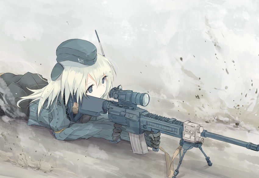 acog aiming assault_rifle bipod blonde_hair blue_eyes cropped_jacket debris edogawa_nao expressionless garrison_cap gun hat heckler_&amp;_koch hk416 kantai_collection long_sleeves lying on_ground on_stomach outdoors rifle sniper solo u-511_(kantai_collection) upper_body weapon