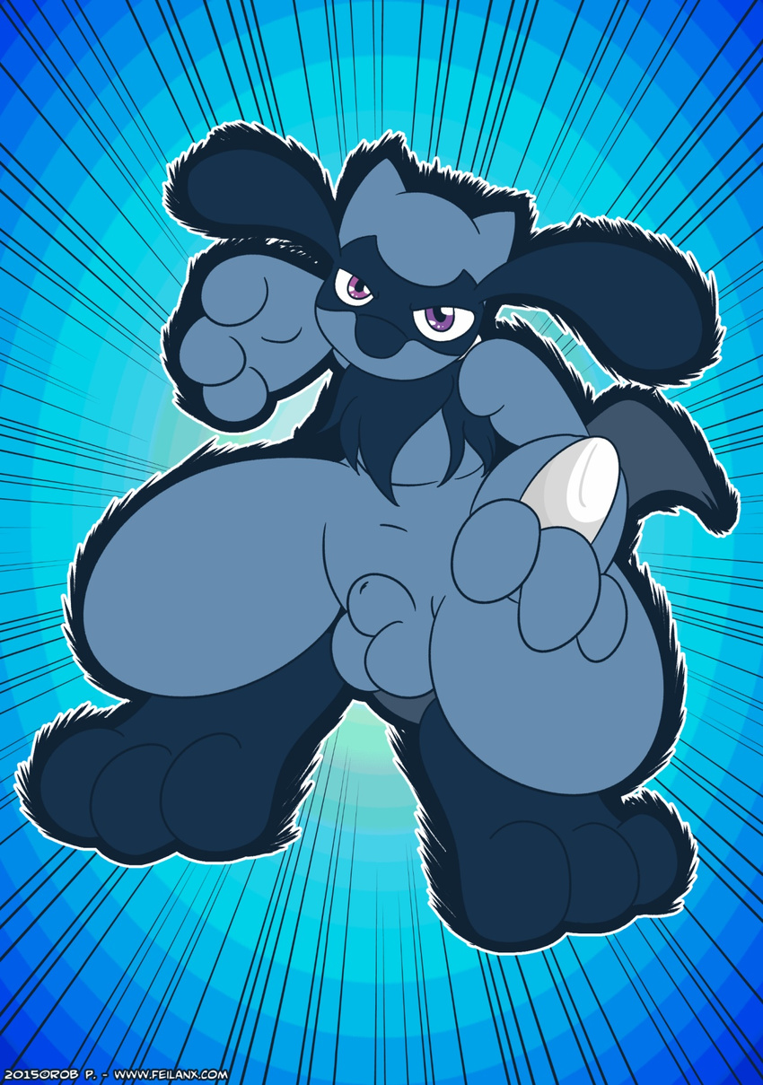 2015 3_toes abstract_background anthro balls blue_background butt canine fur looking_at_viewer male mammal navel nintendo nude penis plain_background pok&eacute;mon pose purple_eyes riolu solo standing tailidraws toes video_games