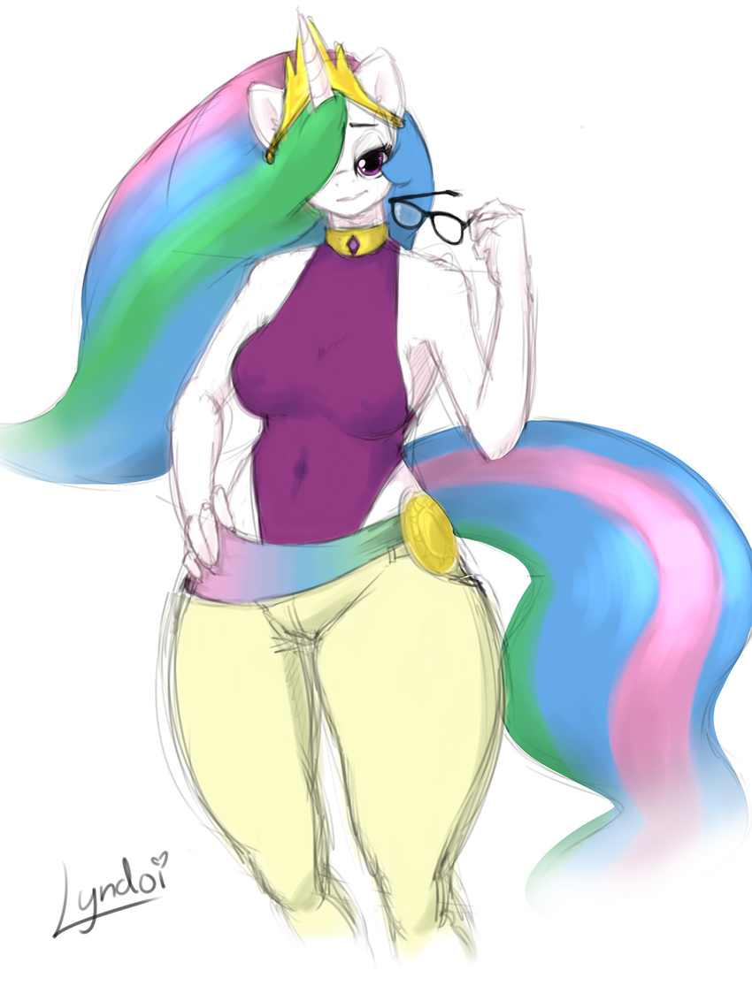 anthro anthrofied breasts clothing crown equine eyewear female friendship_is_magic fur glasses hair half-closed_eyes horn horse looking_at_viewer lyndoi227 mammal my_little_pony plain_background pony princess_celestia_(mlp) smile two_tone_hair white_background white_fur wide_hips