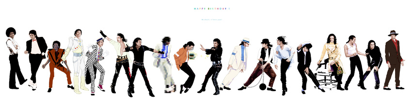 absurdres afro annotated annotation_request aojima bad_(song) bad_id bad_pixiv_id billie_jean black_or_white bow bowtie captain_eo captain_eo_(character) dirty_diana fedora gloves happy_birthday hat highres leaning long_image male_focus michael_jackson moonwalker necktie partially_annotated pixel_art real_life remember_the_time scream_(song) smooth_criminal thriller wide_image you_rock_my_world zombie