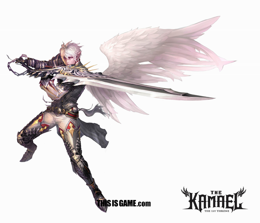 armor chain elf highres huge_weapon kamael lineage male_focus pointy_ears single_wing solo sword watermark weapon white_hair wings