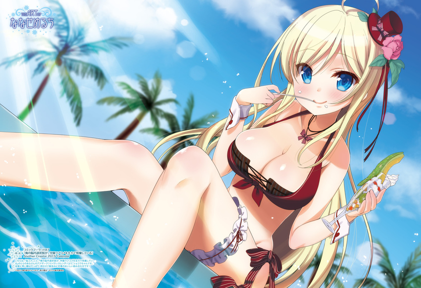 ahoge blonde_hair blue_eyes blush breasts chocolat_(noucome) cleavage food front-tie_top glass hat highres large_breasts leg_garter light_rays long_hair looking_at_viewer mini_hat mini_top_hat nanase_meruchi ore_no_nounai_sentakushi_ga_gakuen_love-comedy_wo_zenryoku_de_jama_shiteiru palm_tree shiny shiny_skin smile solo spoon sunbeam sunlight top_hat tree