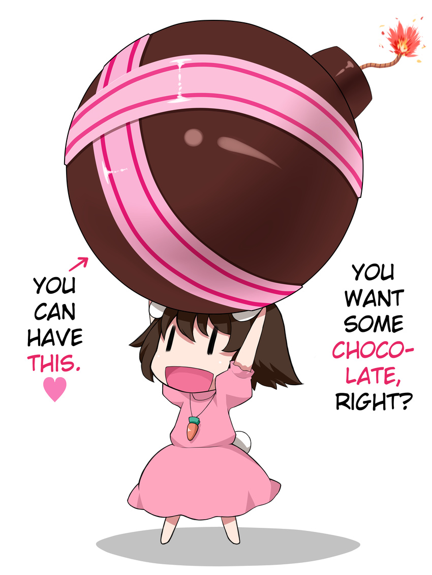 1girl absurdres animal_ears bomb brown_hair bunny_ears bunny_tail carrot carrot_necklace carrying carrying_overhead chibi chocolate dress fuse hard_translated heart highres inaba_tewi open_mouth shadow short_hair simple_background tail text touhou translated uyu_(keyakinoki) valentine white_background |_|