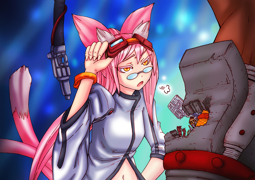 animal_ears ayu_minori blazblue breasts cable cat_ears cat_tail dark_skin glasses goggles goggles_on_head iron_tager kokonoe long_hair multiple_tails parts_exposed pince-nez pink_hair repairing small_breasts solo_focus tail two_side_up wide_sleeves yellow_eyes