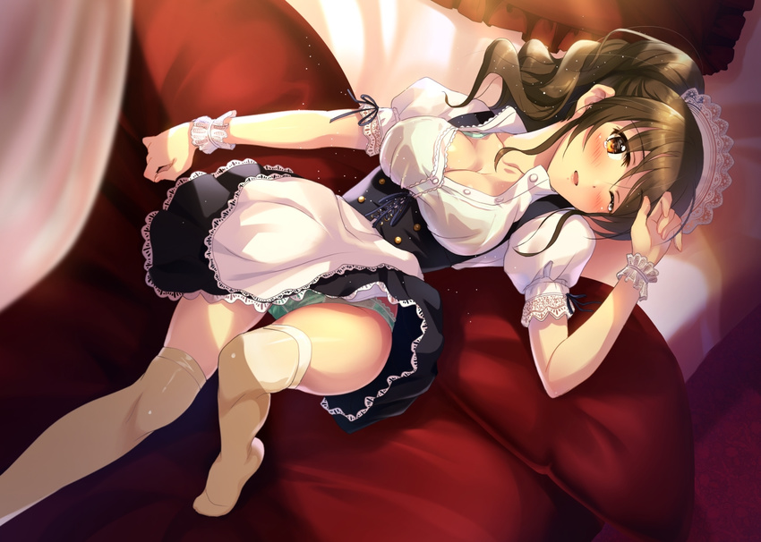 apron blush breasts brown_eyes brown_hair cleavage green_panties large_breasts long_hair looking_at_viewer maid moe2015 original panties parted_lips puffy_sleeves sanshita short_sleeves solo tears thighhighs twintails unbuttoned underwear white_legwear wrist_cuffs