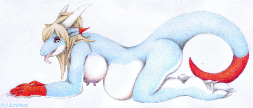 4_toes 5_fingers anthro areola bare_chest belly big_belly big_breasts blonde_hair blue_body blue_scales breasts brown_eyes butt caleb_magness claws dragon drake erebus erebus_firecrotch eyelashes female hair horn invalid_tag kneeling long_hair long_tail looking_at_viewer nipples nude open_mouth pointy_ears pose pregnant red_scales scalie smile smirk solo stare toes vermillion_tipped_drake voluptuous white_scales