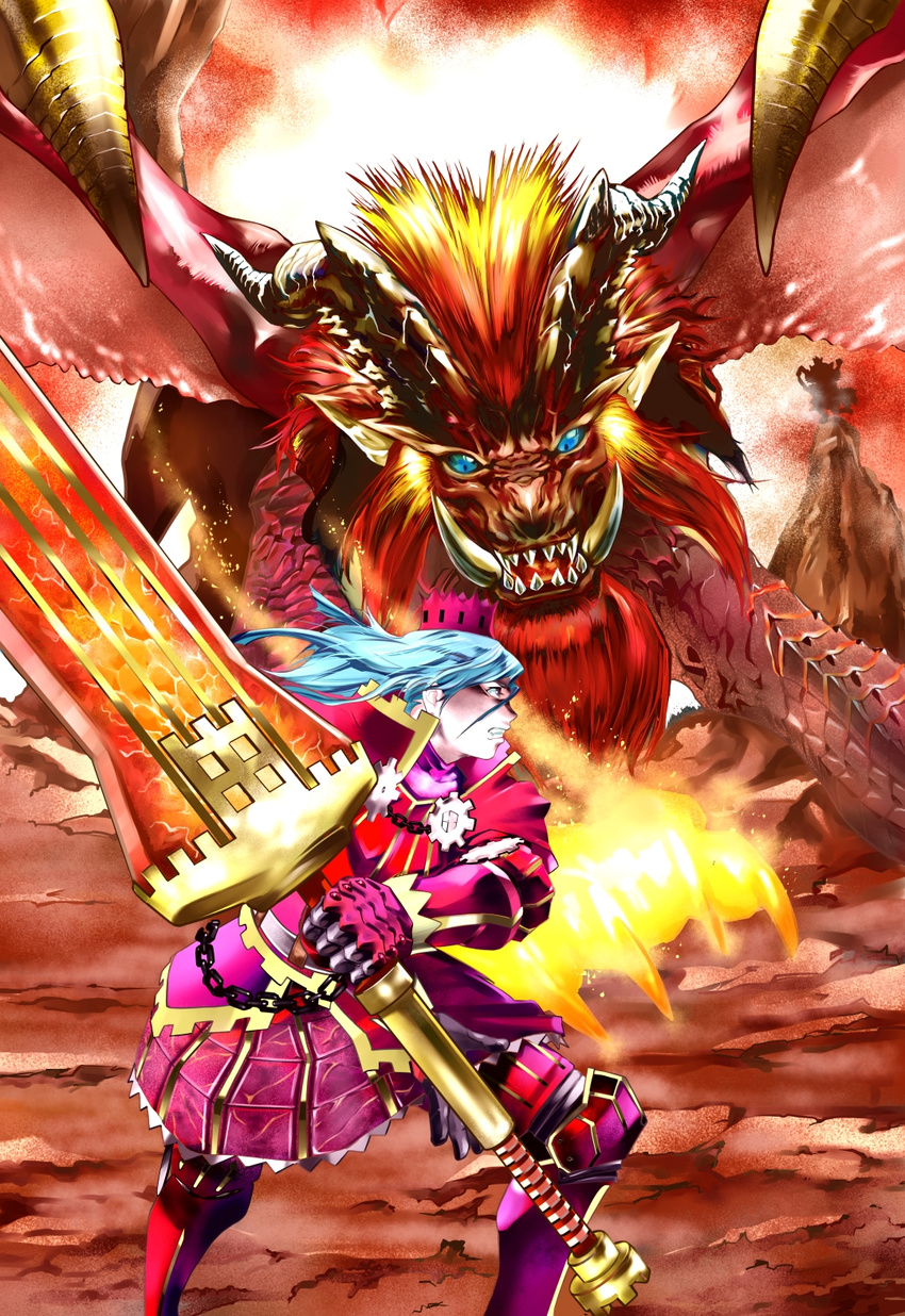 armor battle blue_eyes blue_hair chain claws clenched_hand clenched_teeth crown dragon fangs felyne fire gateofrage greatsword highres horns huge_weapon long_hair monster_hunter sword teeth teostra teostra_(armor) weapon wings