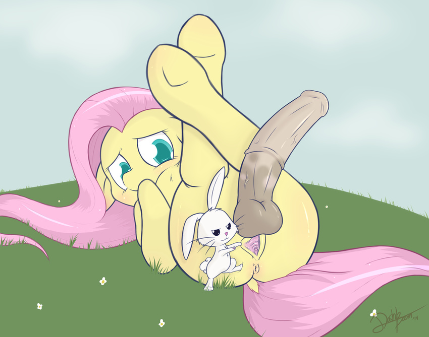 angel_(mlp) anus balls blush clitoris dashboom equine fluttershy_(mlp) friendship_is_magic fur hair herm hooves horse intersex lagomorph legs_up long_hair lying mammal my_little_pony on_back outside penis pony pussy rabbit spread_pussy spreading teal_eyes white_fur yellow_fur