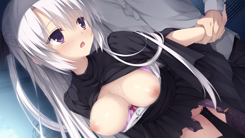 1girl arm_grab arm_holding ayachi_nene bent_over black_legwear blush bouncing_breasts bra breasts breasts_outside censored doggystyle dutch_angle game_cg garter_straps hair_ribbon hetero long_hair looking_back medium_breasts mosaic_censoring muririn nipples open_mouth purple_bra purple_eyes pussy_juice ribbon sanoba_witch sex silver_hair thighhighs twintails underwear