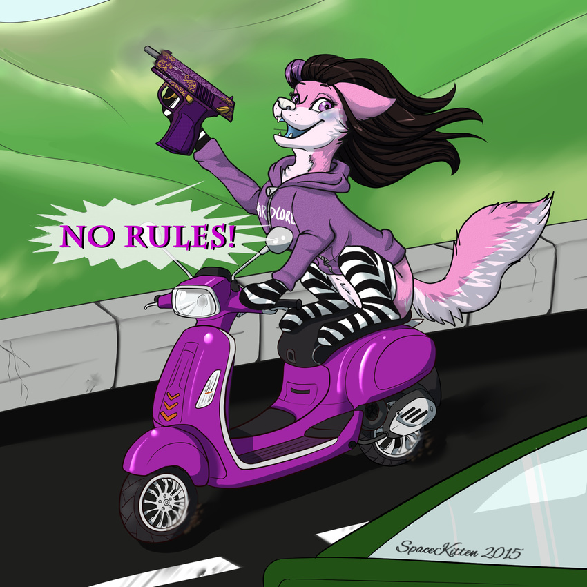 accent_streak black_hair bottomless canine clothed clothing dog dyed_hair female feral fracture fur gun hair half-dressed highway hill hoodie husky legwear makarov mammal partial_nudity partially_clothed pavement pink_fur pistol pmm purple_eyes purple_hair ranged_weapon scooter sky socks solo spacekitten sparkledog striped_socks thigh_highs thigh_socks vehicle vespa vespa_sprint weapon white_fur