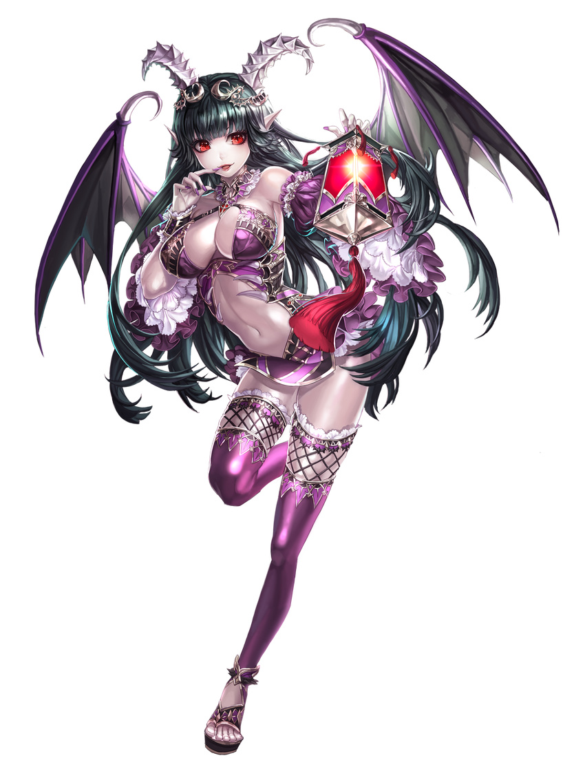 bare_shoulders black_hair box_(hotpppink) breasts full_body highres horns large_breasts legs lips long_hair nail_polish navel original parted_lips pointy_ears red_eyes smile solo thighs transparent_background