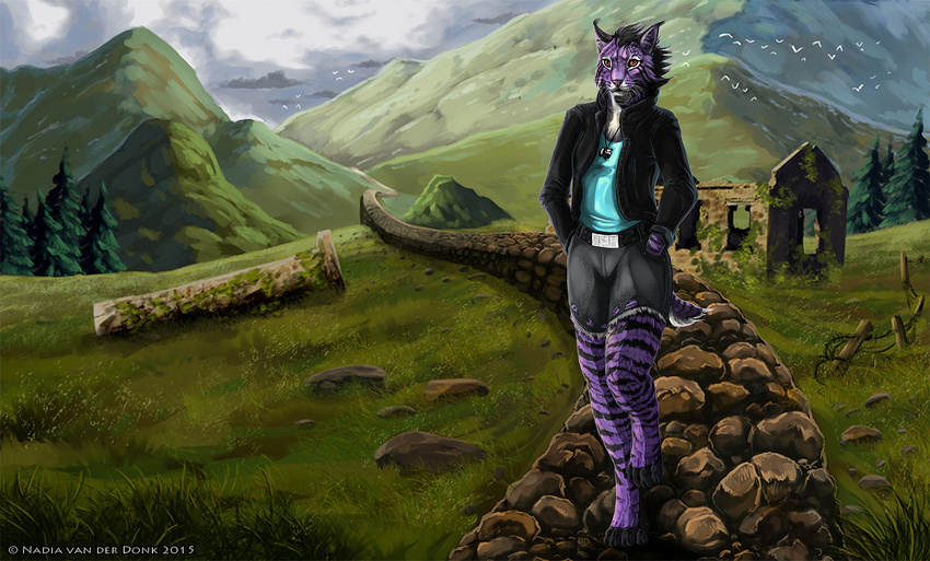 2015 amazing_background amber_eyes anthro barefoot belt belt_buckle birds clothed clothing cloud cloudy cold feline female fur grass hands_in_pockets jacket looking_at_viewer lynx mammal mountain necklace outside path purple_fur purple_nose rednight rock ruins scenery shorts solo stripes tree walking wallpaper windy wolfie_bobcat