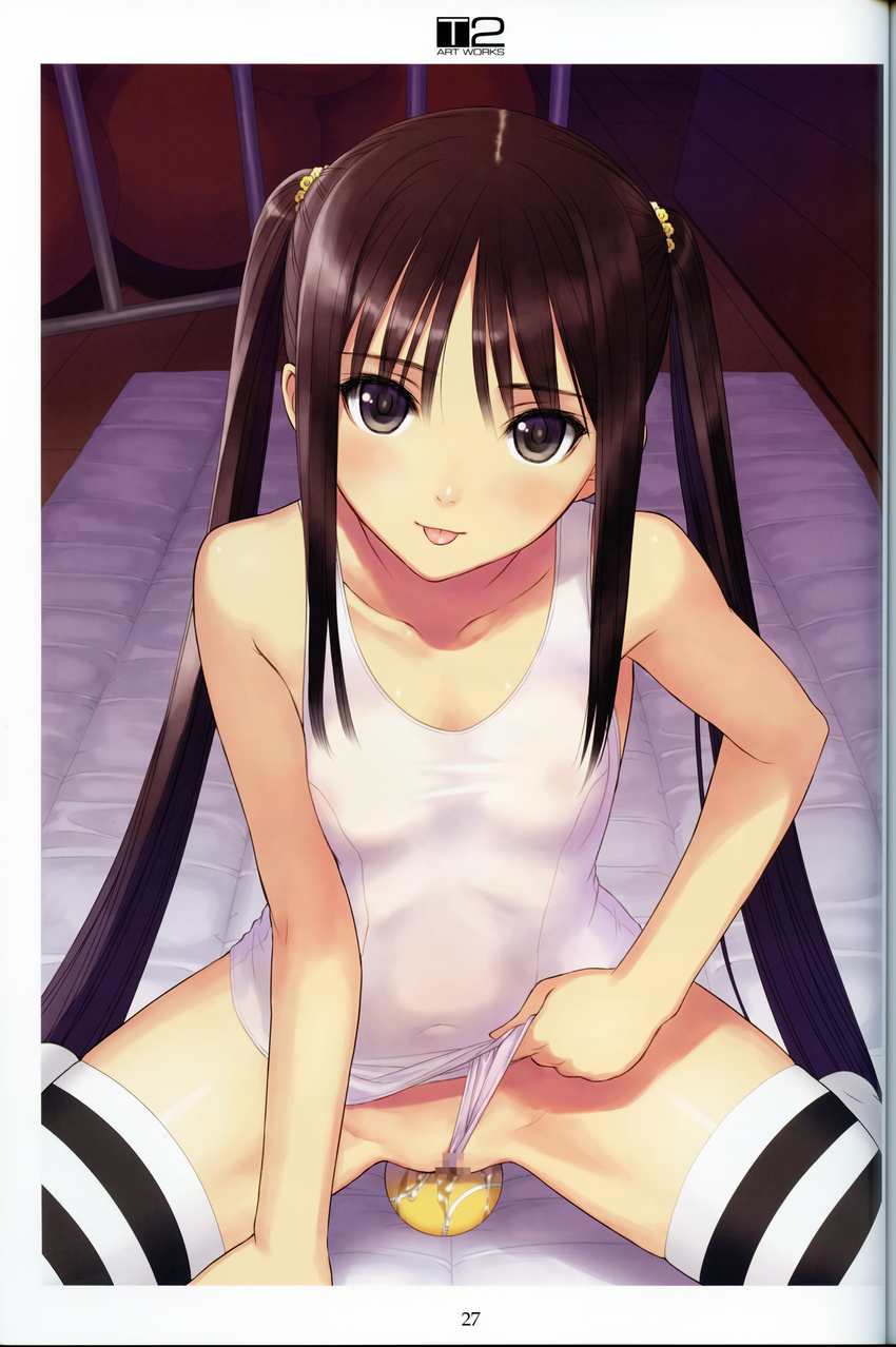 absurdres arm_support ball bangs bare_shoulders basketball black_eyes black_hair black_legwear blush breasts cameltoe censored covered_navel cowboy_shot fault!! flower groin gym_storeroom hair_flower hair_ornament highres indoors light_smile long_hair looking_at_viewer mat official_art one-piece_swimsuit page_number parted_bangs petite pussy_juice scan school_swimsuit school_swimsuit_flap scrunchie sidelocks sitting sitting_on_object small_breasts smile solo spread_legs striped striped_legwear sugiyama_mio swimsuit swimsuit_lift tanaka_takayuki taut_clothes taut_swimsuit tennis_ball thighhighs twintails vaulting_horse very_long_hair wariza white_legwear white_school_swimsuit white_swimsuit wooden_floor