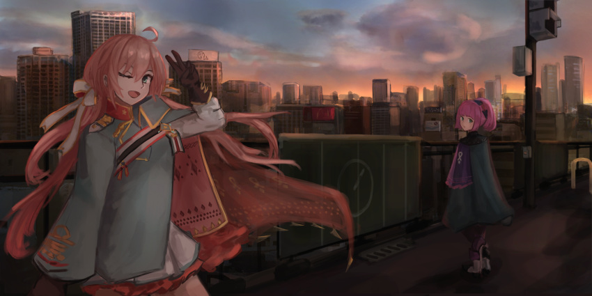 2girls ;d ahoge ankle_boots arm_at_side arm_up boots brown_gloves building carcano_m91/38_(girls_frontline) city cloud commentary_request cowboy_shot dress girls_frontline gloves gradient_sky green_eyes hair_ribbon handrail highres kurusemina layered_dress looking_at_viewer low_twintails m1891_(girls_frontline) multiple_girls one_eye_closed open_mouth outdoors pink_hair ponytail purple_hair ribbon sash sidewalk sky skyscraper smile sunset tunic twilight twintails v wide_shot