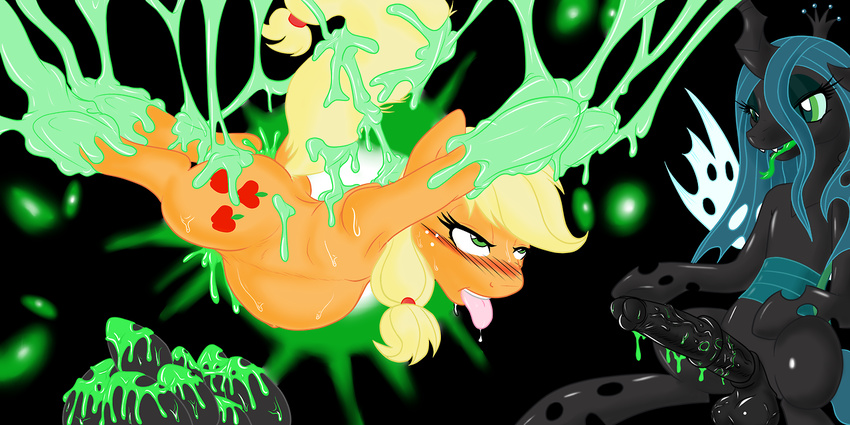 2014 animal_genitalia applejack_(mlp) balls blonde_hair blush bound changeling cutie_mark dickgirl dickgirl/female earth_pony egg equine fangs female feral forked_tongue freckles friendship_is_magic fur glowing glowing_eyes green_eyes hair half-closed_eyes horn horse horsecock intersex intersex/female long_hair mammal my_little_pony open_mouth orange_fur penis pony ponytail poprocks pregnant queen_chrysalis_(mlp) restrained slime suspension sweat tongue tongue_out vaginal vein