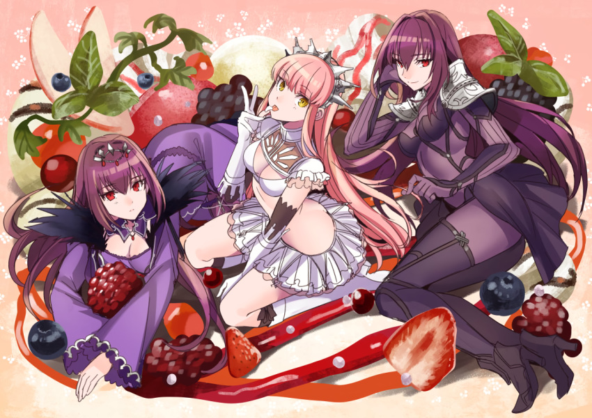 apple armor bodysuit boots breasts cleavage dress elbow_gloves fate/grand_order fate_(series) food fruit gloves headdress kneehighs long_hair medb_(fate/grand_order) pink_hair purple_hair red_eyes scathach_(fate/grand_order) shimo_(s_kaminaka) skintight skirt strawberry yellow_eyes