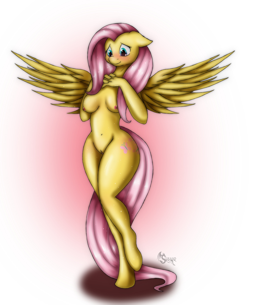 2015 anthro anthrofied blush equine female fluttershy_(mlp) friendship_is_magic hair long_hair mammal my_little_pony pegasus pink_hair solo suirano wings