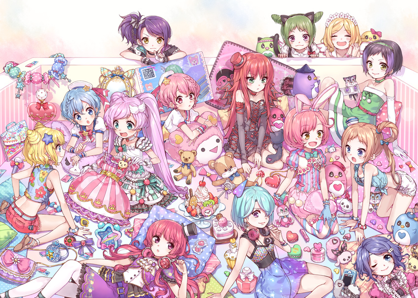 6+girls :3 :d :o ahoge animal_ears arm_warmers ayase_naru bare_shoulders belt black_hair blonde_hair blue_eyes blue_hair bottle bow bra bracelet braid brown_hair bunny_ears cake candy cat_ears cat_tail chain dorothy_west double_bun dress earrings elbow_gloves envelope everyone fake_animal_ears femini fingerless_gloves floral_print folded_clothes food frilled_dress frills fukuhara_ann fur_trim gloves green_eyes green_hair hair_bow hair_ornament hair_over_one_eye hair_rings hairclip handheld_game_console hands_clasped hat head_wings head_wreath headphones headphones_around_neck heart highres houjou_cosmo houjou_sophie index_finger_raised jewelry kuma_(pripara) lace-up_top leona_west lipstick_tube lovelyn manaka_lala minami_mirei mirror morizono_wakana multicolored_hair multiple_girls open_mouth own_hands_together perfume_bottle pillow pink_hair pretty_(series) pretty_rhythm pretty_rhythm_rainbow_live pripara purple_eyes purple_hair red_hair renjouji_beru rinne_(pretty_rhythm) rojiko sailor_hat school_uniform serafuku shirt short_shorts shorts side_ponytail single_head_wing smile stamp star star_hair_ornament stuffed_animal stuffed_bird stuffed_bunny stuffed_penguin stuffed_toy suzuno_ito tail takanashi_otoha teddy_bear tied_shirt toudou_shion two-tone_hair underwear wand white_gloves wings wrist_cuffs yellow_eyes