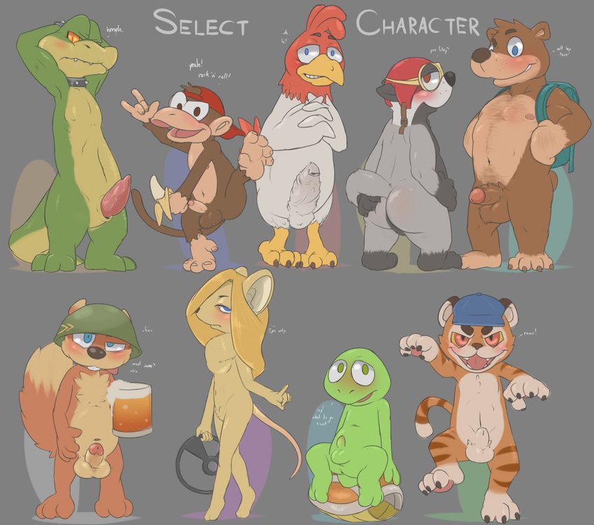 alcohol alligator anthro armpits backpack badger bald balls banana banjo-kazooie banjo_(banjo-kazooie) barefoot beak bear beer beverage blush body_hair buckteeth bumper_(diddy_kong_racing) butt collar conker conker's_bad_fur_day cute diddy_kong diddy_kong_racing donkey_kong_(series) donkey_kong_country drink drumstick_(diddy_kong_racing) drunk english_text erection eyewear feline female food fruit fur goggles hairy_chest half-closed_eyes hand_on_butt hat headgear helmet hollo_nut kremling krunch looking_at_viewer male mammal monkey mouse musical_instrument mustelid navel nintendo nipples nude open_mouth pawpads paws penis pipsy presenting presenting_hindquarters primate raised_arm raised_leg reptile rodent rooster scalie sharp_teeth sheath shell sitting size_difference smile spikes squirrel standing teeth text tiger timber tiptup tongue tongue_out turtle uncut video_games