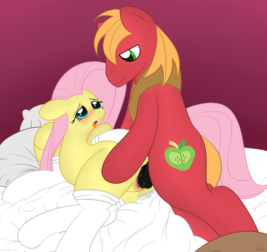 animal_genitalia anus bed big_macintosh_(mlp) black_penis blonde_hair blush clitoris cutie_mark equine female fluttershy_(mlp) friendship_is_magic from_behind fur hair half-closed_eyes horse horsecock legwear lying male male/female mammal my_little_pony on_side open_mouth penis pink_hair plain_background pony pussy pussy_juice red_fur replica_(artist) stockings teeth tongue tongue_out yellow_fur