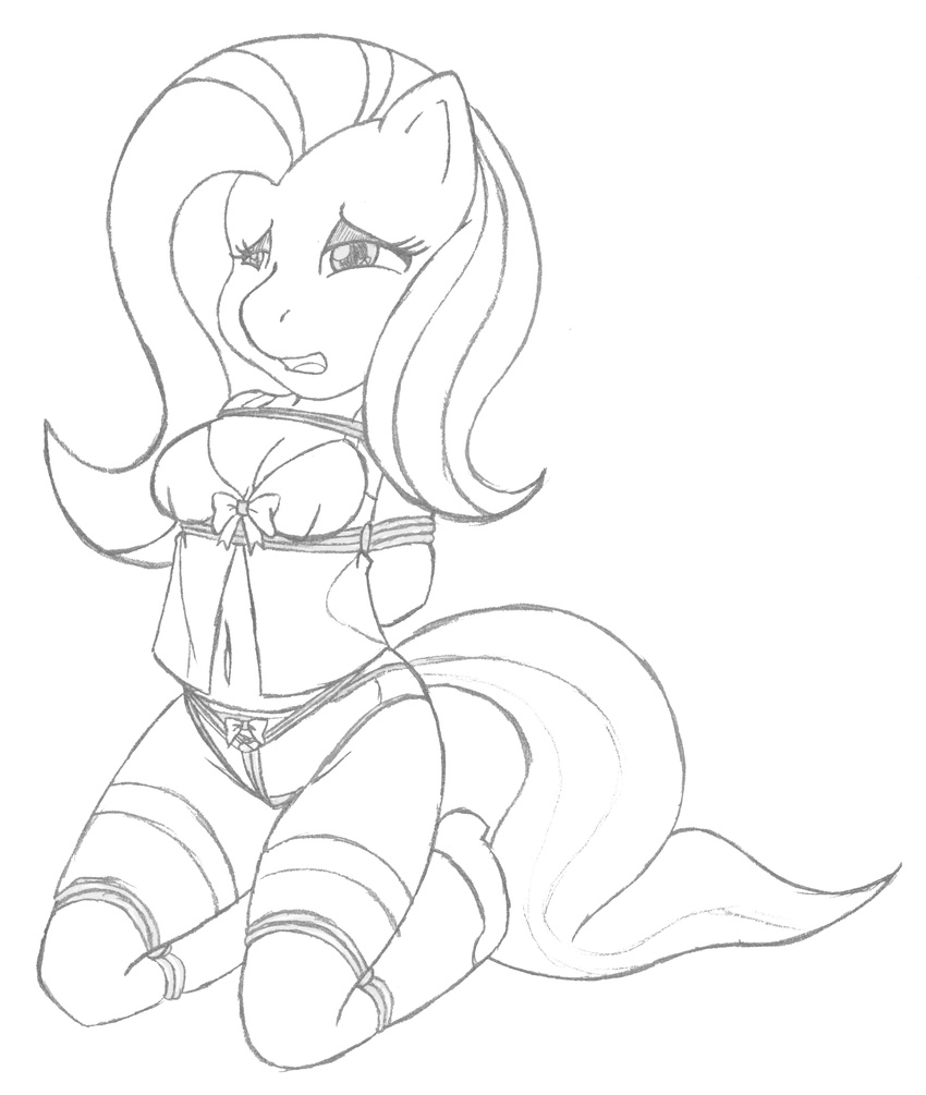 2012 anthro anthrofied bdsm black_and_white bondage bound cleavage clothed clothing equine eyeshadow female fluttershy_(mlp) friendship_is_magic hair kneeling legwear makeup mammal monochrome my_little_pony nightgown panties ryuseihikari sketch solo stockings underwear