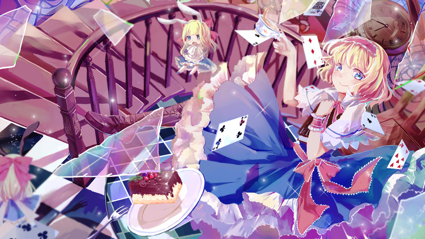 alice_margatroid animal_ears blonde_hair blue_eyes blush book boots bow broken_glass bunny_ears cake capelet card checkered checkered_floor cross-laced_footwear cup doll dress food fork frilled_dress frills glass hair_bow hairband hand_on_own_chest highres holding holding_book long_hair looking_at_viewer neko_tanabata plate playing_card pocket_watch ribbon shanghai_doll smile stairs teacup touhou watch wrist_cuffs