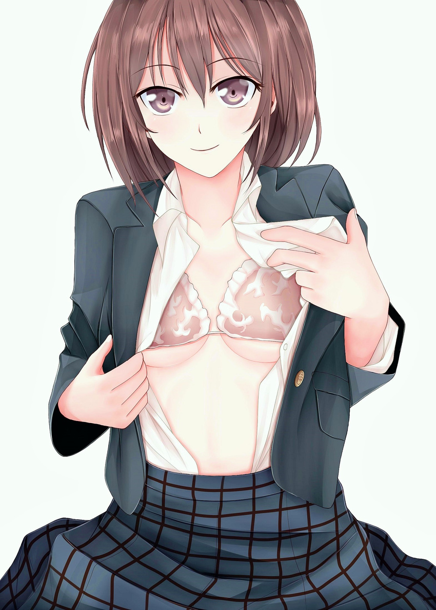 bad_id bad_pixiv_id blazer bra breasts brown_bra brown_eyes brown_hair collarbone highres jacket long_sleeves looking_at_viewer medium_breasts open_blazer open_clothes open_jacket open_shirt original school_uniform shirt skirt skirt_set smile solo underboob underwear wendell