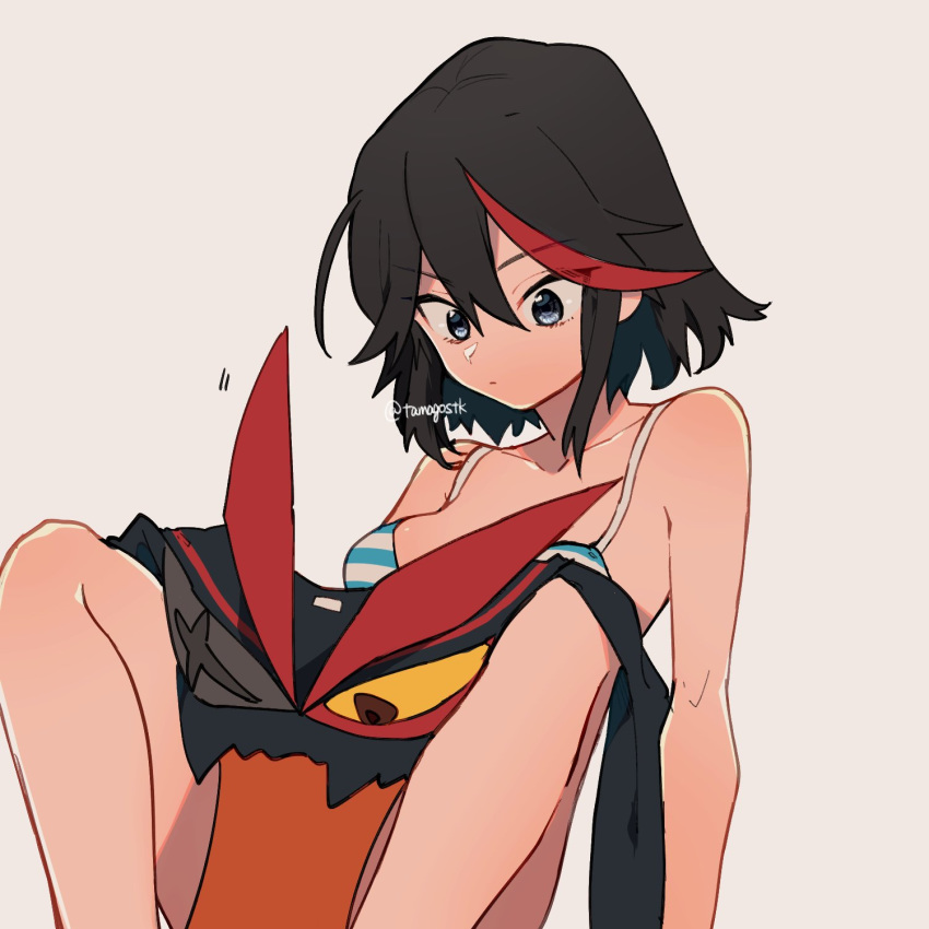 1girl arm_support bangs black_blouse black_hair blouse blue_bra blue_eyes bra closed_mouth commentary eyebrows_visible_through_hair grey_background hair_up highlights highres kill_la_kill leaning_back light_frown living_clothes long_sleeves looking_at_another looking_down mittsun motion_lines multicolored_hair neckerchief red_hair red_neckwear school_uniform senketsu serafuku shirt_removed short_hair simple_background sitting solo straddling streaked_hair striped striped_bra symbol_commentary twitter_username two-tone_hair underwear underwear_only