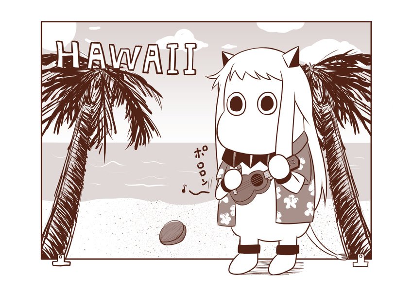 backdrop commentary cosplay eighth_note english hawaiian_shirt horns instrument kantai_collection long_hair mittens monochrome moomin muppo musical_note no_humans northern_ocean_hime northern_ocean_hime_(cosplay) palm_tree sazanami_konami shinkaisei-kan shirt tree ukulele