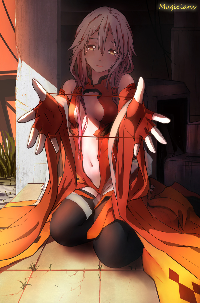 bad_id bad_pixiv_id bare_shoulders black_legwear breasts cat's_cradle center_opening cleavage detached_sleeves elbow_gloves fingerless_gloves gloves guilty_crown hair_ornament hairclip highres long_hair looking_at_viewer magicians_(zhkahogigzkh) navel outstretched_arms pink_hair red_eyes sitting small_breasts smile solo thighhighs twintails yokozuwari yuzuriha_inori
