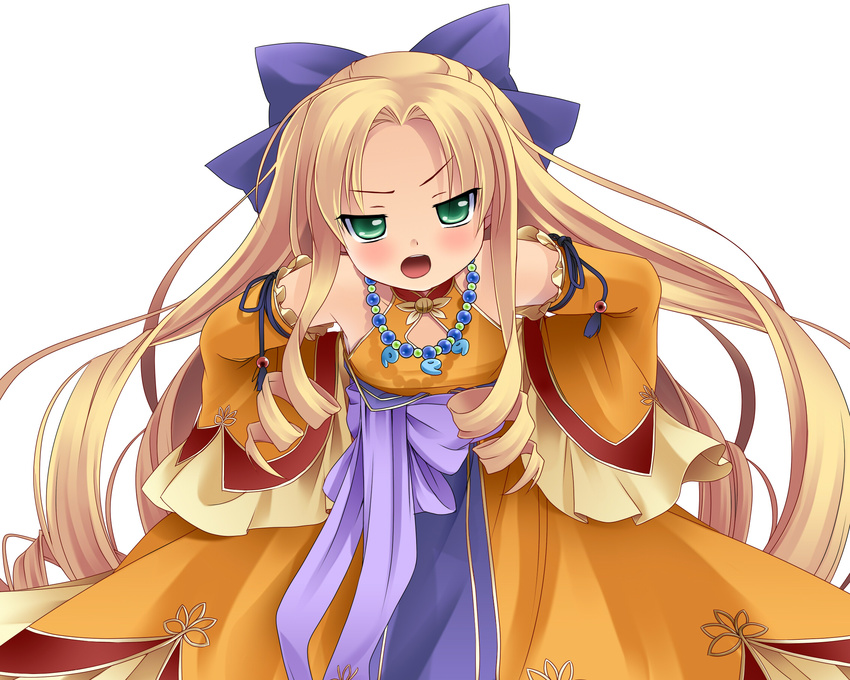 bad_id bad_pixiv_id blonde_hair detached_sleeves dress enjutsu green_eyes hands_on_hips highres jewelry jintosu koihime_musou leaning_forward long_hair necklace open_mouth ribbon sleeves_past_wrists solo very_long_hair