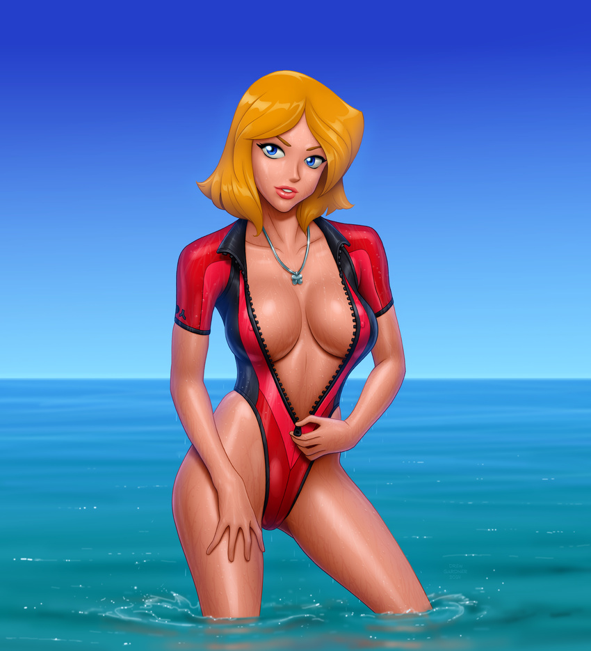 1girl blonde_hair blue_eyes breasts clover_(totally_spies) drew_gardner highres lips necklace ocean totally_spies wet wetsuit