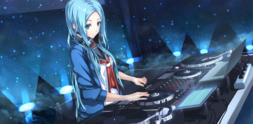 ascot bag blue_eyes blue_hair bottle cable computer dj headphones headphones_around_neck hood hood_down hoodie hyp laptop long_hair looking_at_viewer original phonograph power_strip school_bag school_uniform serafuku smoke solo spotlight turntable water_bottle