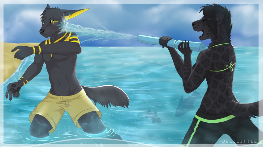 2015 anthro anubis bikini black_fur canine cat claws clothing deity delilittle duo egyptian eyes_closed feline female fur gold_fur green_eyes happy hybrid jackal jaguar lion male mammal melanistic open_mouth pawpads paws playing sea spots summer swimming swimming_trunks swimsuit water water_gun