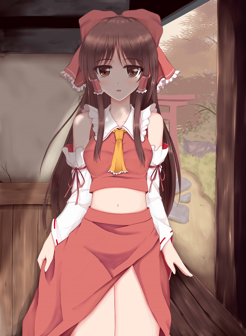 ascot bad_id bad_pixiv_id bare_shoulders bow brown_eyes brown_hair detached_sleeves hair_bow hair_tubes hakurei_reimu highres long_hair long_sleeves looking_at_viewer midriff navel ribbon-trimmed_sleeves ribbon_trim shirt side_slit skirt skirt_set solo torii touhou veranda very_long_hair wendell wide_sleeves