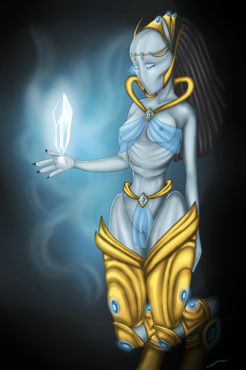 alien anthro blizzard_entertainment blue_skin breasts digital_media_(artwork) female fujoshiprincess glowing glowing_eyes nipples not_furry protoss pussy solo standing starcraft translucent video_games