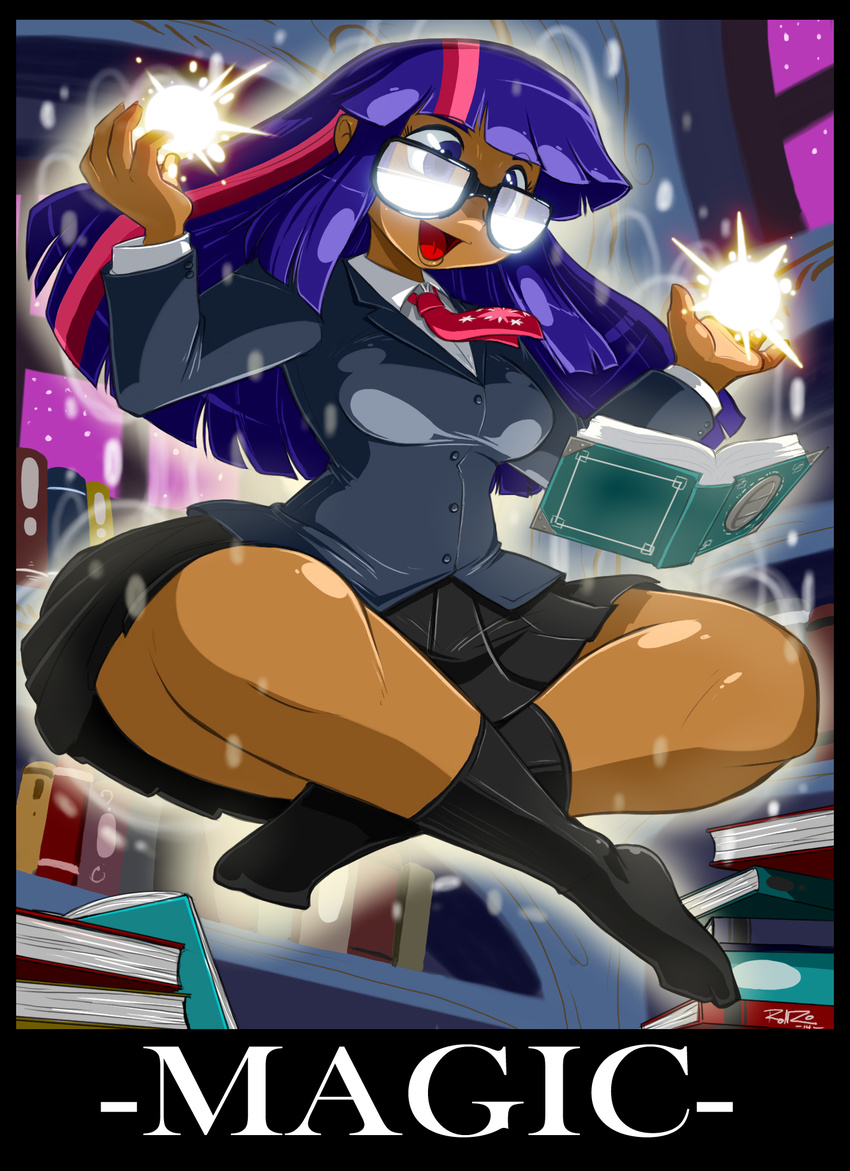 1girl book dark_skin floating glasses library magic multicolored_hair my_little_pony my_little_pony_friendship_is_magic necktie night_sky open_mouth personification pink_hair purple_eyes purple_hair school_uniform shonuff44 skirt smile socks star streaked_hair tongue twilight_sparkle window