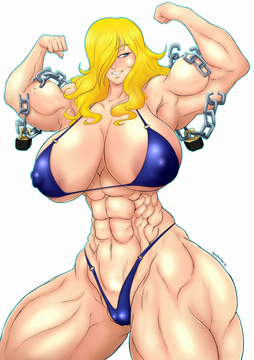 blonde_hair breasts extreme_muscles flex huge_breasts mkonstantinov smile