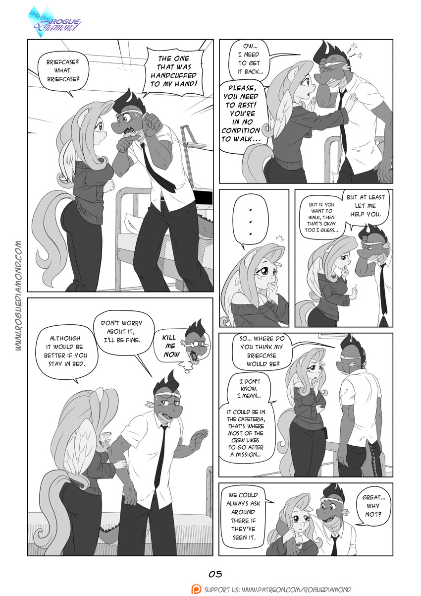 ... anthro anthrofied arm_around_neck bandage bed breasts butt clothed clothing comic cross-popping_veins dialogue dragon duo english_text equine eyes_closed female fluttershy_(mlp) friendship_is_magic hand_on_head horse looking_away male mammal my_little_pony necktie open_mouth pain pegasus pia-sama pointing pony sharp_teeth shouting side_boob smile spike_(mlp) star sweat sweatdrop sweater tears teeth text tongue wings yelling