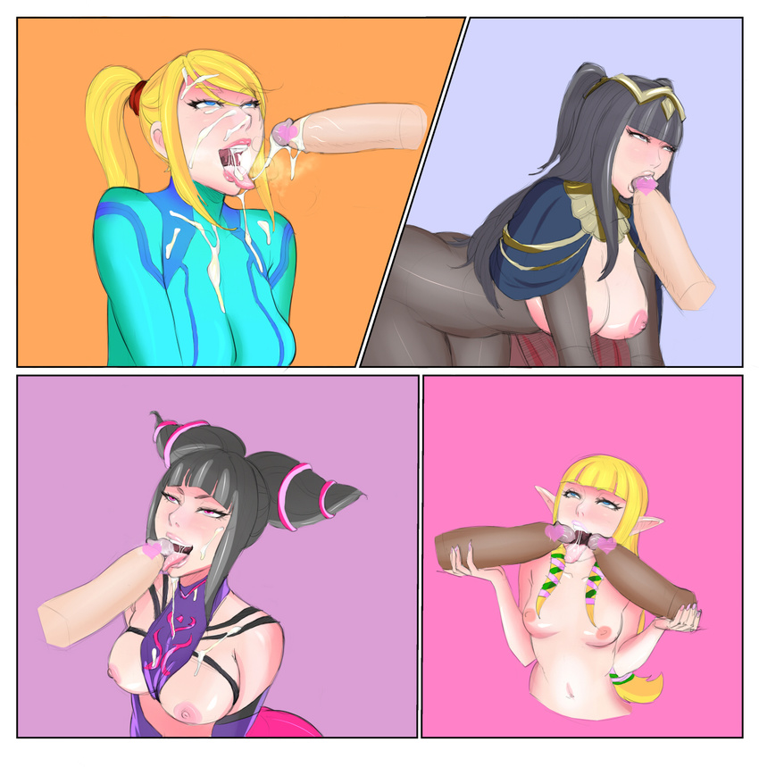 4girls black_hair blonde_hair blue_eyes blush breasts collage cum facial fellatio fire_emblem han_juri lm_(legoman) metroid multiple_girls nintendo oral penis penis_kiss pointy_ears princess_zelda samus_aran sketch street_fighter tharja the_legend_of_zelda tongue uncensored zero_suit