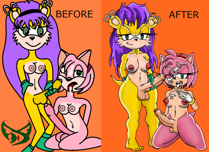 after amy_rose anthro before big_breasts breasts clothing cum cum_on_breasts damian_hodge dickgirl duo intersex messy mina_the_mongoose orgasm penis plain_background sega sonic_(series) uncut wide_hips
