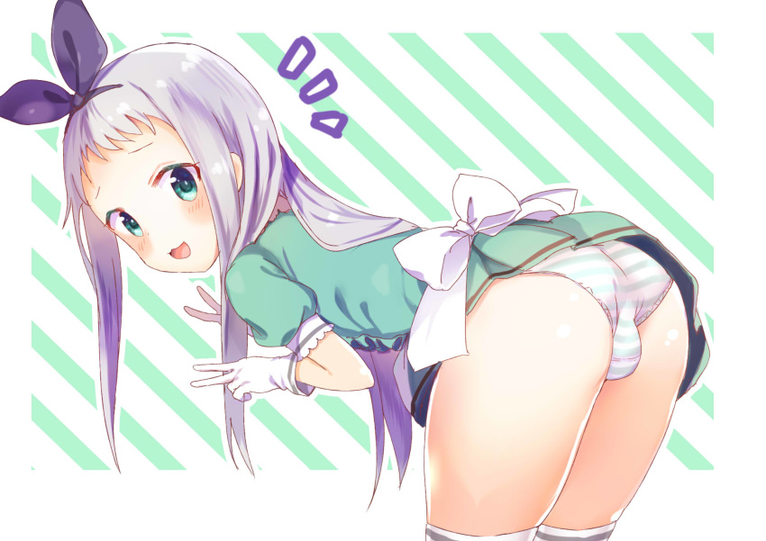 1boy :3 :d apron bent_over black_hairband blend_s blush bow bulge dress frilled_apron frills from_behind gloves green_background green_dress green_eyes hair_bow hairband highres hips kanzaki_hideri long_hair looking_at_viewer open_mouth panties short_dress short_sleeves sidelocks silver_hair simple_background smile solo stile_uniform striped striped_background striped_panties tatsunokosso thighhighs trap underwear v waist_apron waitress white_apron white_background white_gloves white_legwear