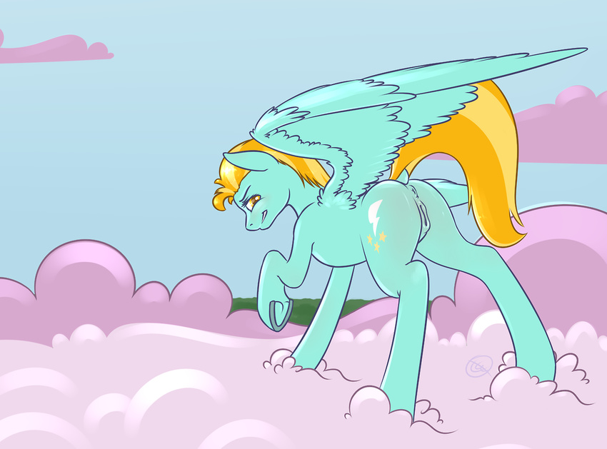 anus cloud cutie_mark equine female feral friendship_is_magic fur green_fur hair lightning_dust_(mlp) looking_at_viewer mammal my_little_pony northernsprint outside pegasus pussy solo two_tone_hair underhoof wings yellow_eyes